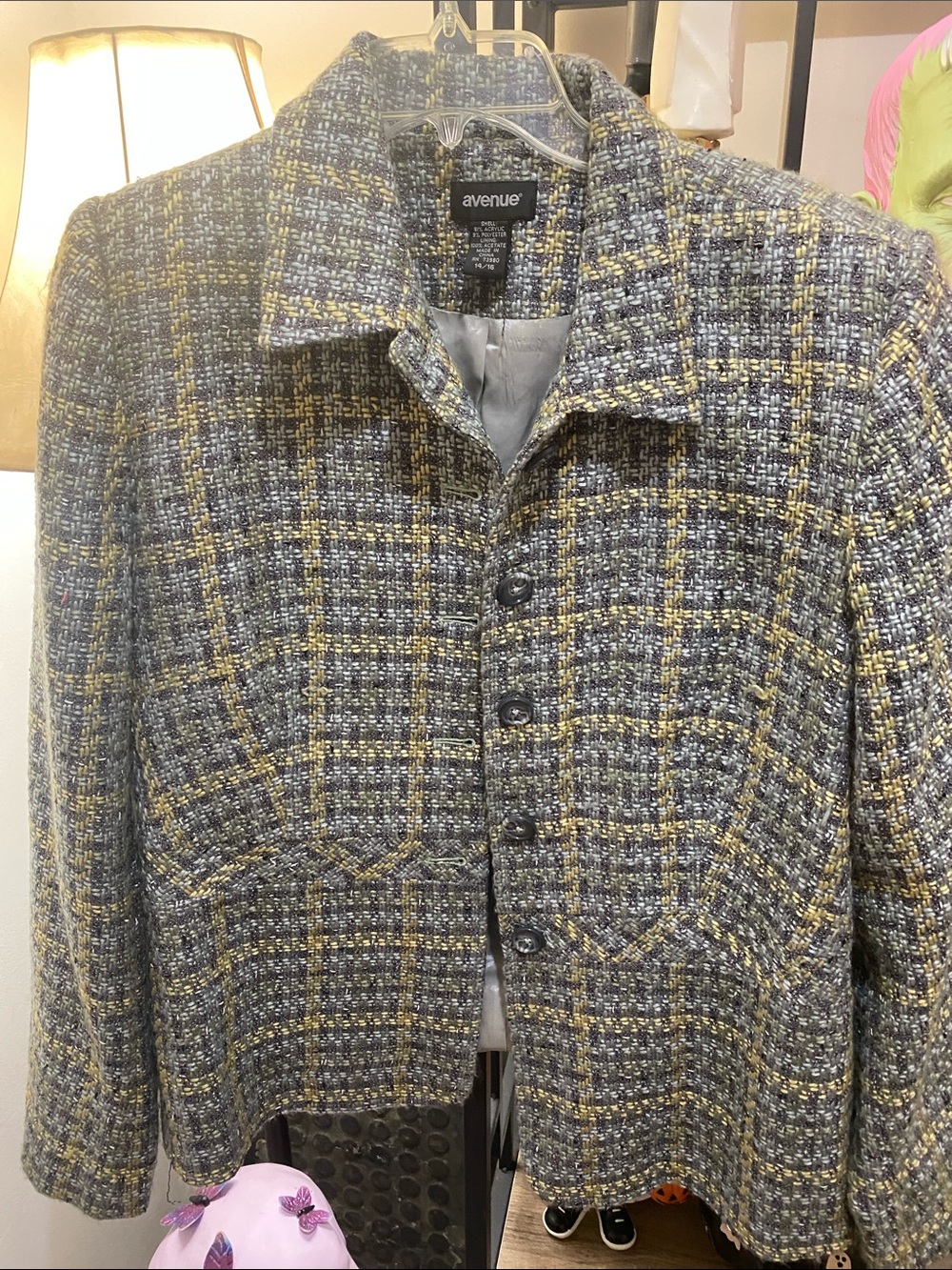 Avenue Gray and Yellow Plaid Tweed Blazer